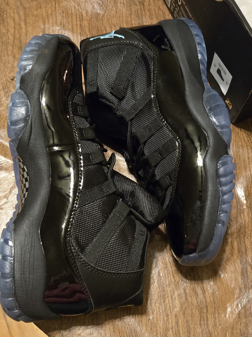 Air Jordan 11 Retro Black Patent Leather Sneakers with Light Blue Jumpman - Picture 8 of 9